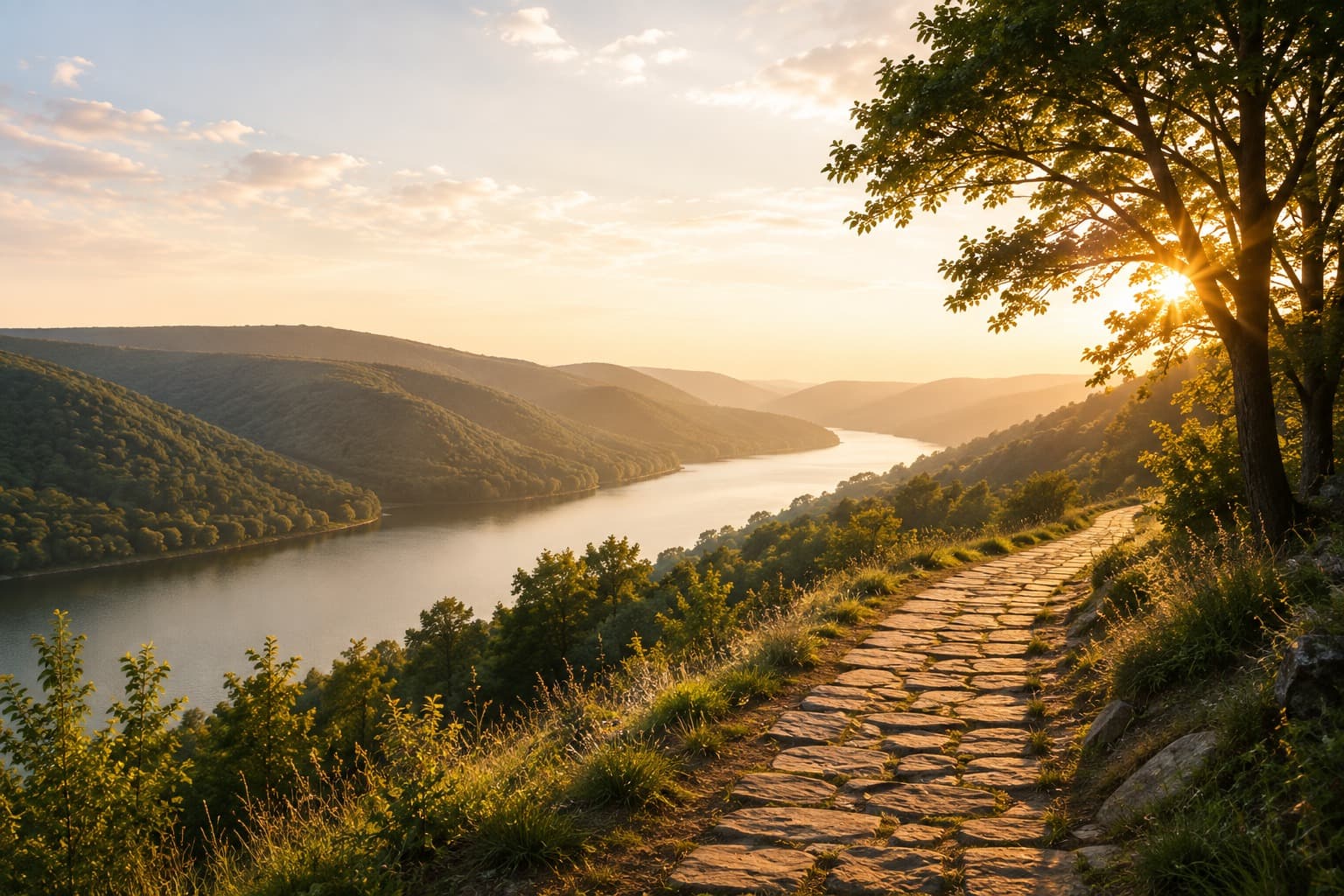 A sunlit stone path winding through green hills alongside a river, suggesting a life's journey