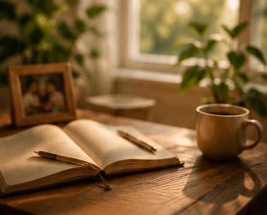 A journal, a cup of coffee, and a photograph on a sunlit wooden desk