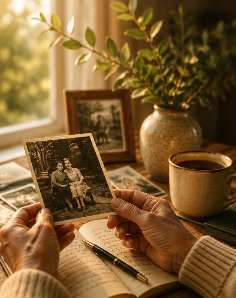 Hands holding an old photograph over an open handwritten journal