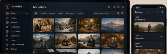 A preview of the Life365Hub gallery interface, showing organized photos, timeline, and journal navigation